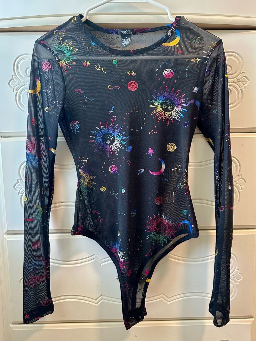 rue21 Black Mesh Long-Sleeve Celestial Print Bodysuit Size S